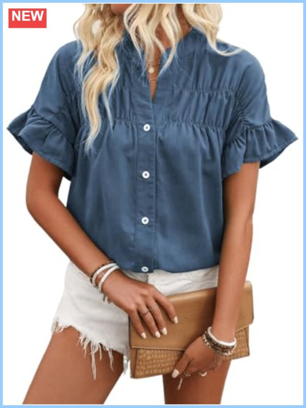 Womens Ruffle Ruched Short Sleeve Button Down Blouse Business Casual Top